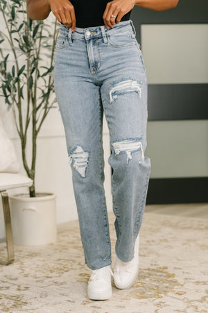 Judy Blue Mid Rise Patch Distressed 90's Straight Leg Raw Hem Jeans