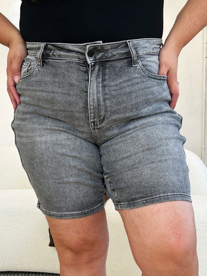 Judy Blue Mid Rise Grey Washed Bermuda Denim Shorts