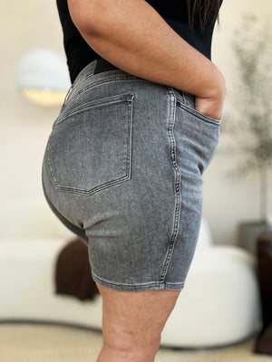 Judy Blue Mid Rise Grey Washed Bermuda Denim Shorts