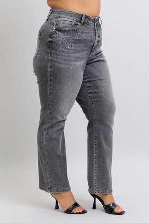 Judy Blue High Waist Starlight Glam Rhinestone Gray Straight Leg Jeans