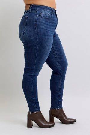 Judy Blue Mid Rise Adjustable Double Button Waist Raw Hem Skinny Jeans