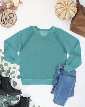 Lace Accent Vintage Wash Pullover - Teal by Michelle Mae