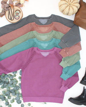 Lace Accent Vintage Wash Pullover - Teal by Michelle Mae
