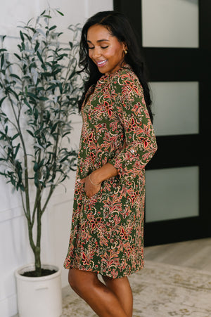 Lizzy Long Sleeve Dress in Olive Paisley by Dear Scarlett