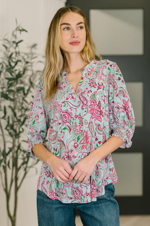 Lizzy Smock Top in Mint and Pink Floral Paisley by Dear Scarlett