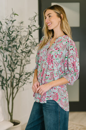 Lizzy Smock Top in Mint and Pink Floral Paisley by Dear Scarlett
