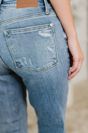 Judy Blue Mid Rise Vintage Wash Destroy Hem Bootcut Jeans
