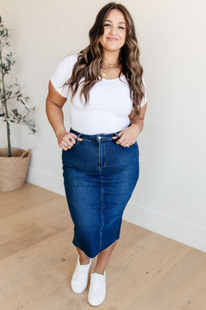 Judy Blue High Rise Non Distressed Denim Midi Skirt