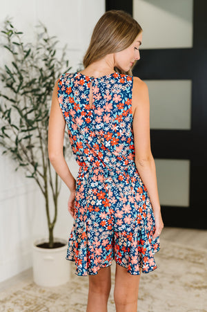 Meadow Mischief Sleeveless Romper in Navy/Orange/Teal