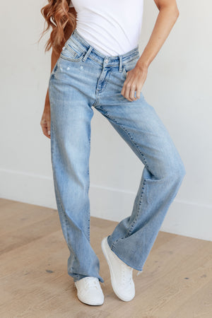Judy Blue High Rise V Front Waistband Straight Leg Raw Hem Jeans