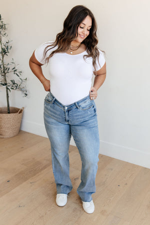 Judy Blue High Rise V Front Waistband Straight Leg Raw Hem Jeans