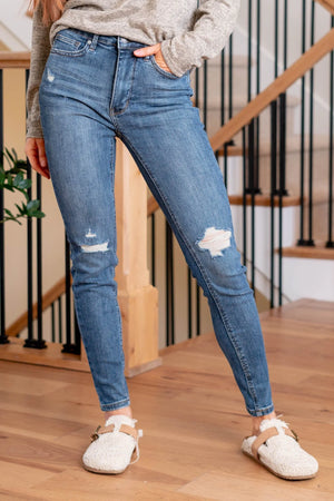 Judy Blue Mid Rise Tummy Control Distressed Slim Fit Skinny Jeans