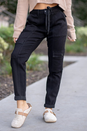 Judy Blue High Waist Cargo Cuffed Drawstring Denim Joggers in Black