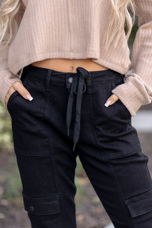 Judy Blue High Waist Cargo Cuffed Drawstring Denim Joggers in Black