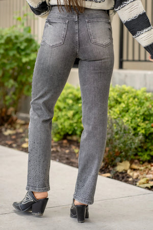 Judy Blue High Waist Starlight Glam Rhinestone Gray Straight Leg Jeans