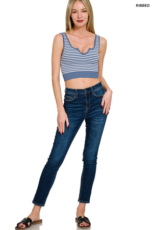 Ribbed Striped Notch Neckline Crop Top Bralette Brami Tank by Zenana 6387
