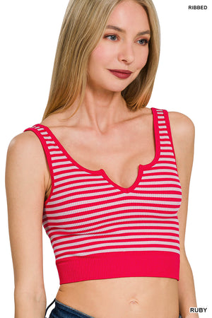 Ribbed Striped Notch Neckline Crop Top Bralette Brami Tank by Zenana 6387