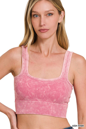 Ribbed Square Neck Mineral Washed Bralette Crop Top with pads by Zenana 6135