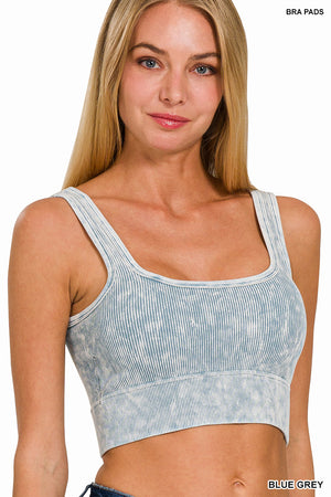 Ribbed Square Neck Mineral Washed Bralette Crop Top with pads by Zenana 6135