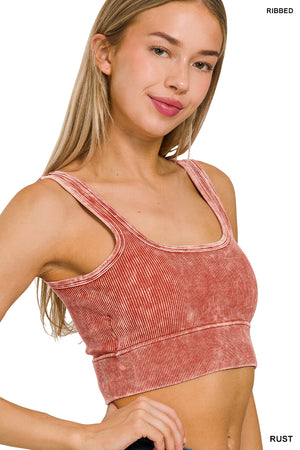 Ribbed Square Neck Mineral Washed Bralette Crop Top with pads by Zenana 6135