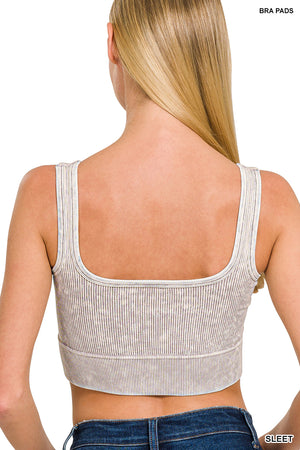Ribbed Square Neck Mineral Washed Bralette Crop Top with pads by Zenana 6135