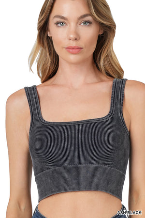 Ribbed Cropped Square Neck Mineral Washed Bralette by Zenana 6138
