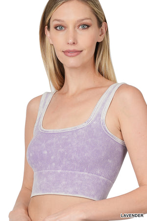 Ribbed Cropped Square Neck Mineral Washed Bralette by Zenana 6138