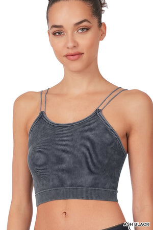 Ribbed Double Strap Mineral Washed Bralette Crop Top by Zenana 6143