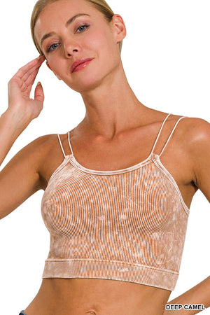 Ribbed Double Strap Mineral Washed Bralette Crop Top by Zenana 6143
