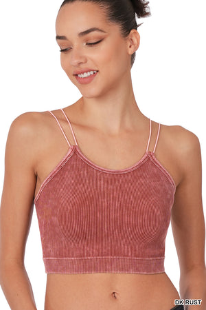 Ribbed Double Strap Mineral Washed Bralette Crop Top by Zenana 6143