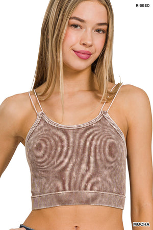 Ribbed Double Strap Mineral Washed Bralette Crop Top by Zenana 6143