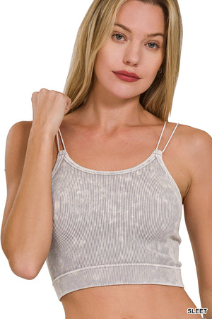 Ribbed Double Strap Mineral Washed Bralette Crop Top by Zenana 6143