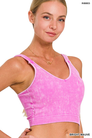 Zenana Ribbed Cropped Mineral Washed V Neck PADDED Tank Top Brami Bralette 6175
