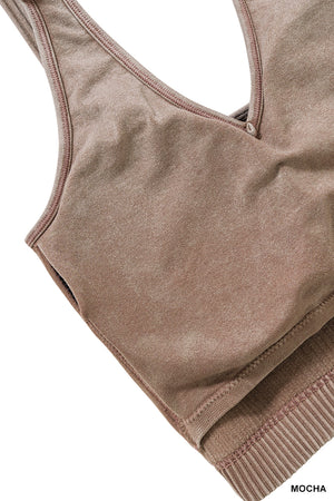 Zenana Ribbed Cropped Mineral Washed V Neck PADDED Tank Top Brami Bralette 6175