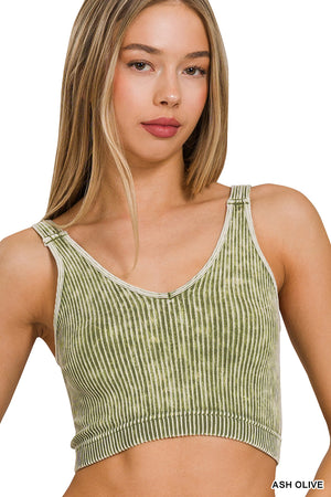 Ribbed Cropped Mineral Washed V neck Tank Top Brami bralette by Zenana 6178