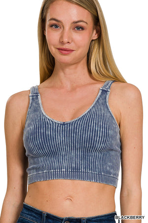 Ribbed Cropped Mineral Washed V neck Tank Top Brami bralette by Zenana 6178