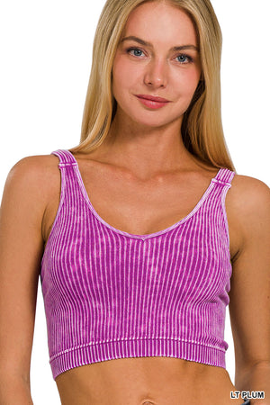 Ribbed Cropped Mineral Washed V neck Tank Top Brami bralette by Zenana 6178