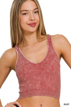 Ribbed Cropped Mineral Washed V neck Tank Top Brami bralette by Zenana 6178