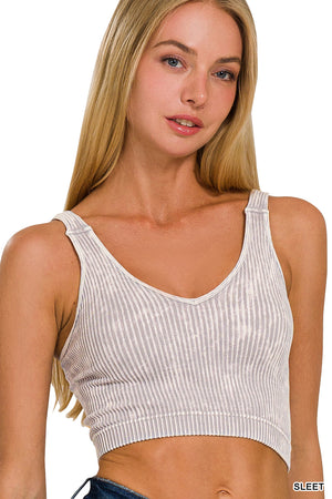 Ribbed Cropped Mineral Washed V neck Tank Top Brami bralette by Zenana 6178