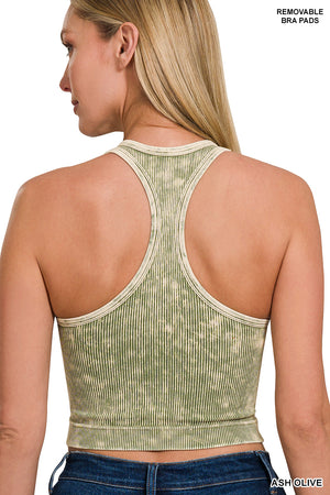 Ribbed Racerback Mineral Washed Crop Tank Top Bralette with pads by Zenana 6190