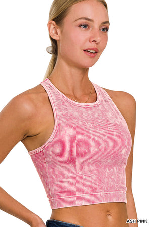Ribbed Racerback Mineral Washed Crop Tank Top Bralette with pads by Zenana 6190