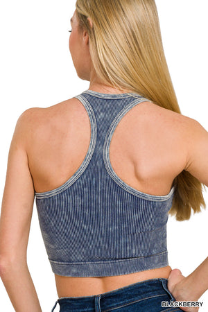 Ribbed Racerback Mineral Washed Crop Tank Top Bralette with pads by Zenana 6190