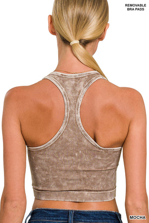 Ribbed Racerback Mineral Washed Crop Tank Top Bralette with pads by Zenana 6190