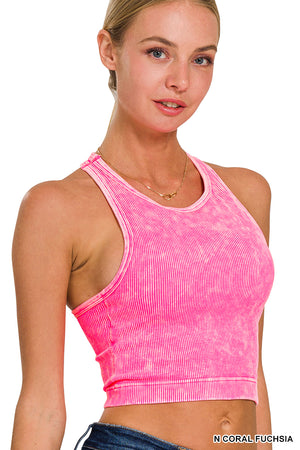 Ribbed Racerback Mineral Washed Crop Tank Top Bralette with pads by Zenana 6190