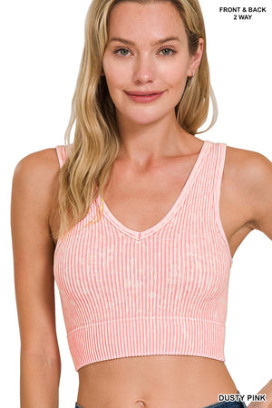 Ribbed Cropped Reversible Neckline Mineral Washed Tank Top Brami Bralette 6271