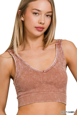 Zenana Ribbed Cropped Stone Washed V Neck PADDED Tank Top Brami Bralette 6275