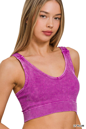 Zenana Ribbed Cropped Stone Washed V Neck PADDED Tank Top Brami Bralette 6275