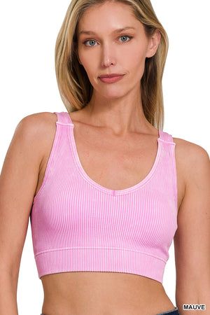 Zenana Ribbed Cropped Stone Washed V Neck PADDED Tank Top Brami Bralette 6275