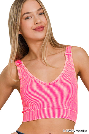 Zenana Ribbed Cropped Stone Washed V Neck PADDED Tank Top Brami Bralette 6275