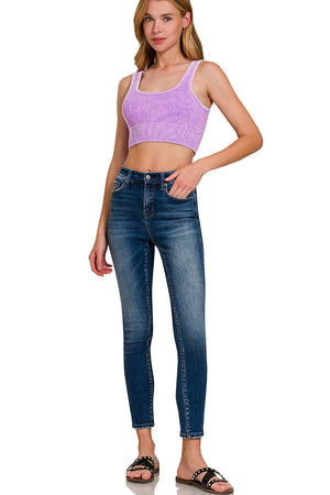 Ribbed Square Neck Mineral Washed Bralette Crop Top with pads by Zenana 6317